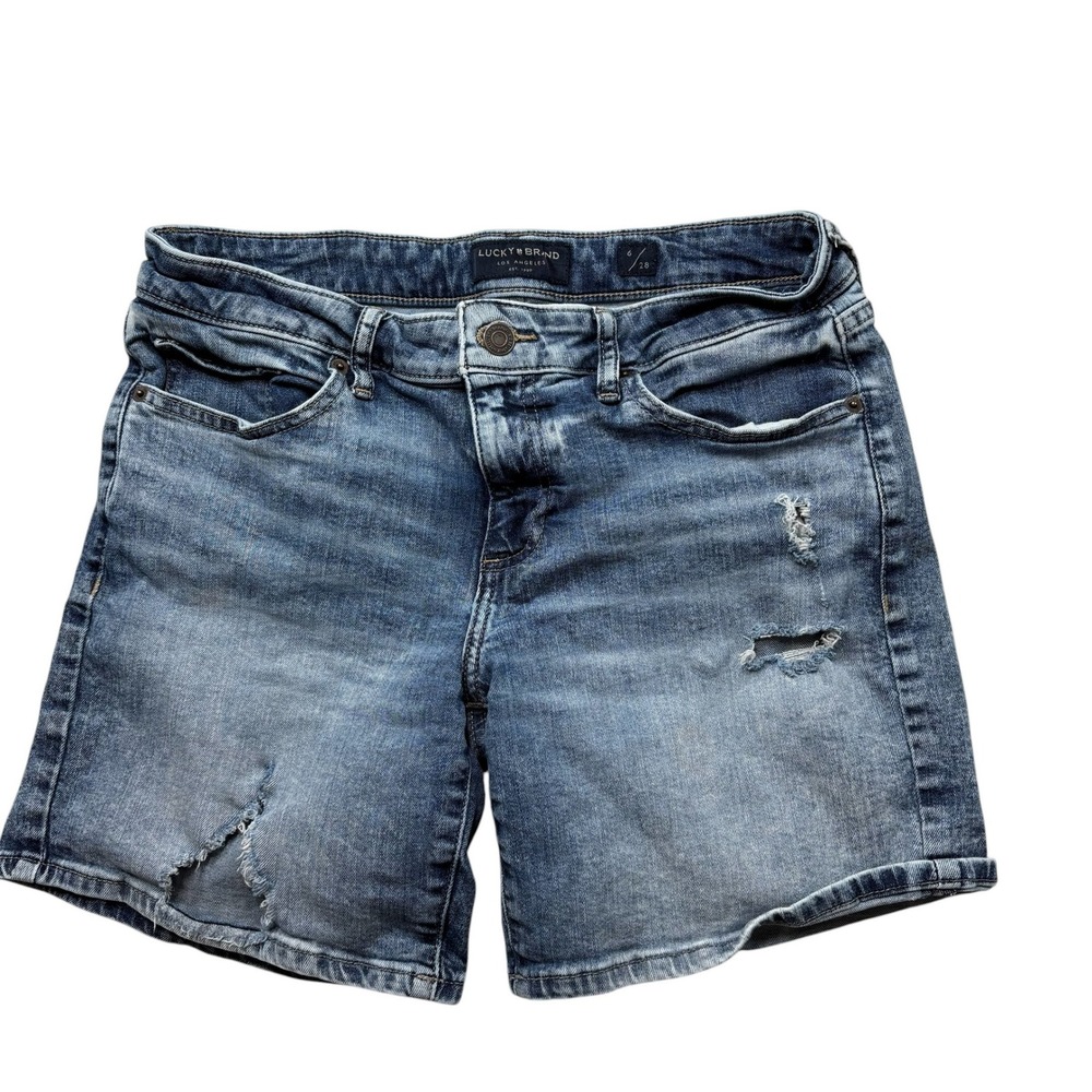 Lucky Brand Women Distressed Denim Shorts Medium Wash Blue Size 6/28 Ripped #335